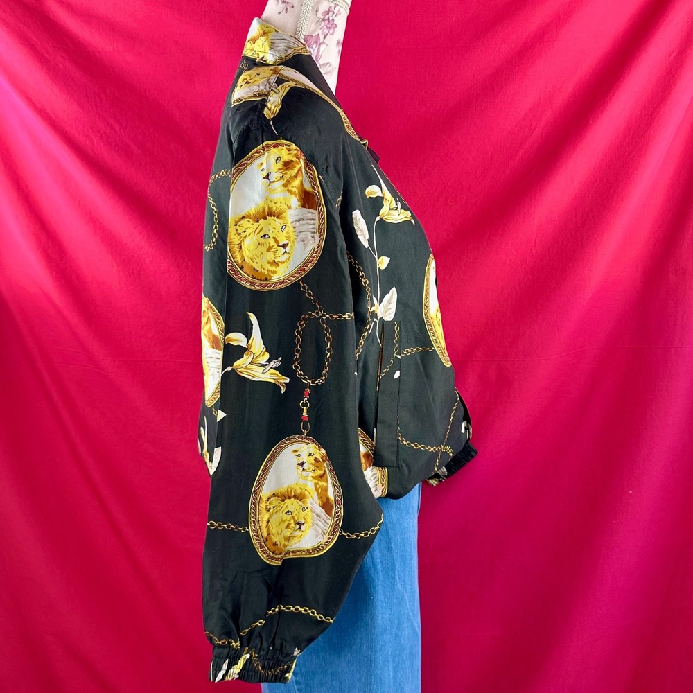 Vintage Silk Lion Print Bomber Jacket 90s Baroque Chain Windbreaker Medium - Picture 9 of 17